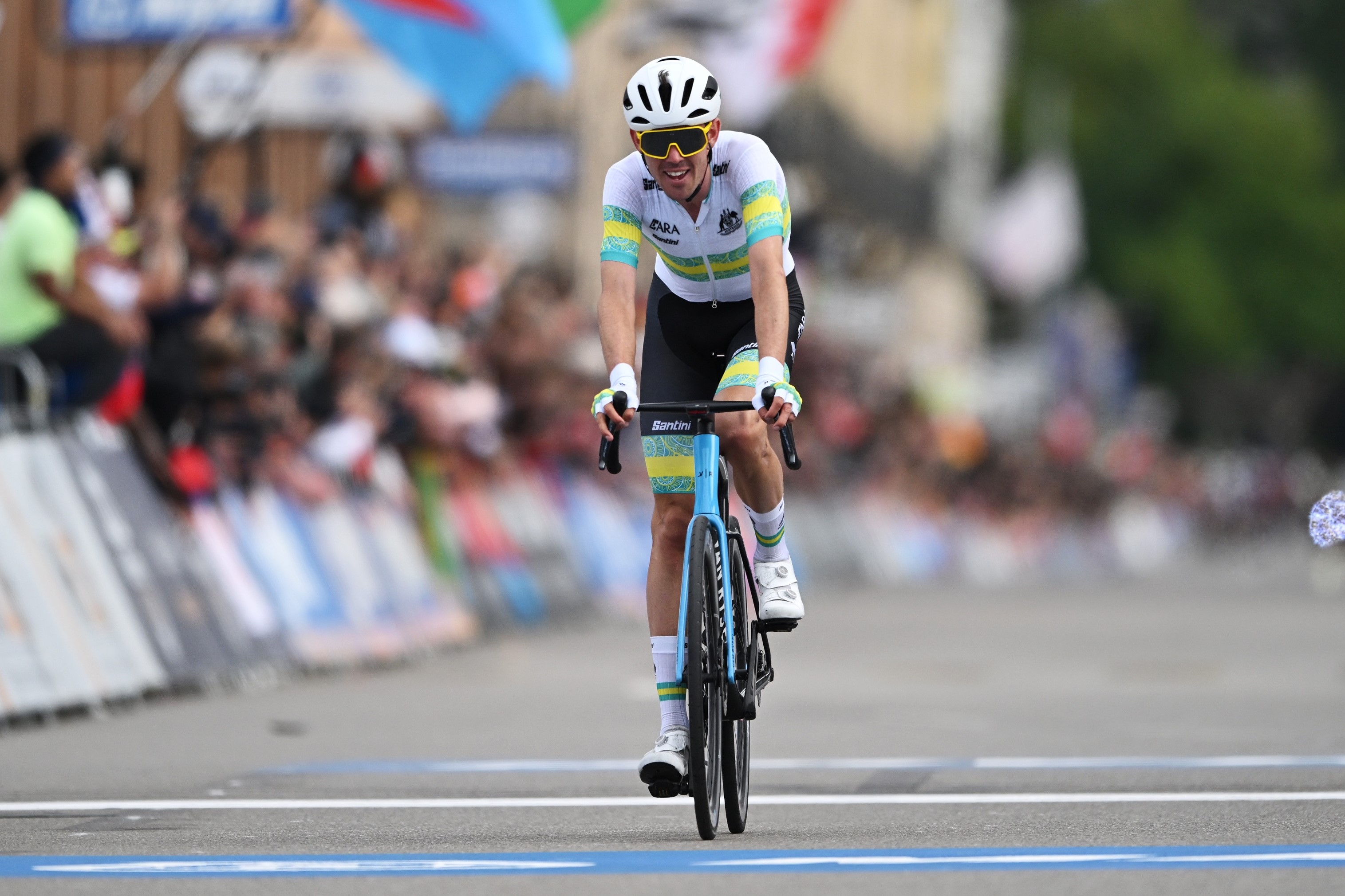 Ben O'Connor of the ARA Australian Cycling Team crosses the finish line silver medal winner during the 97th UCI Cycling World Championships Zurich 2024, Men's Elite Road Race a 273.9km one day race from Winterthur to Zurich on September 29, 2024 in Zurich, Switzerland. (Photo by Tim de Waele/Getty Images)